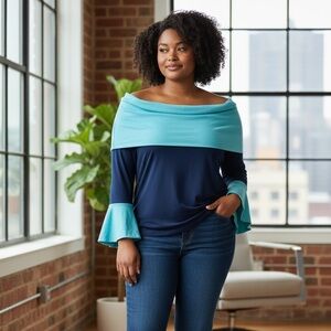 Off-The-Shoulder Two-Tone Bell Sleeve Blouse - Navy/Turquoise